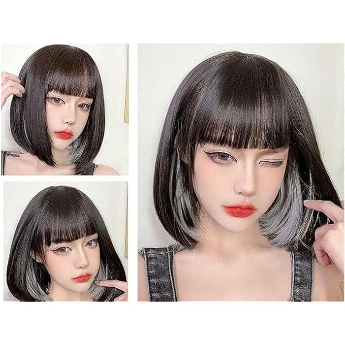 Dillards Short Anime Wig, Ombre Dark Brown to Blue Synthetic Hair Wig with Bangs Bangs Hairstyle Wig - Image 1